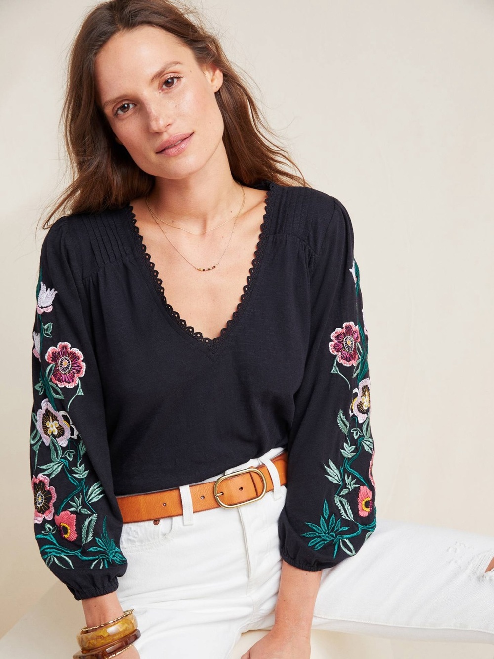 Anthropologie Helene Top Womens M Black Embroidered Peasant Floral Boho Shirt